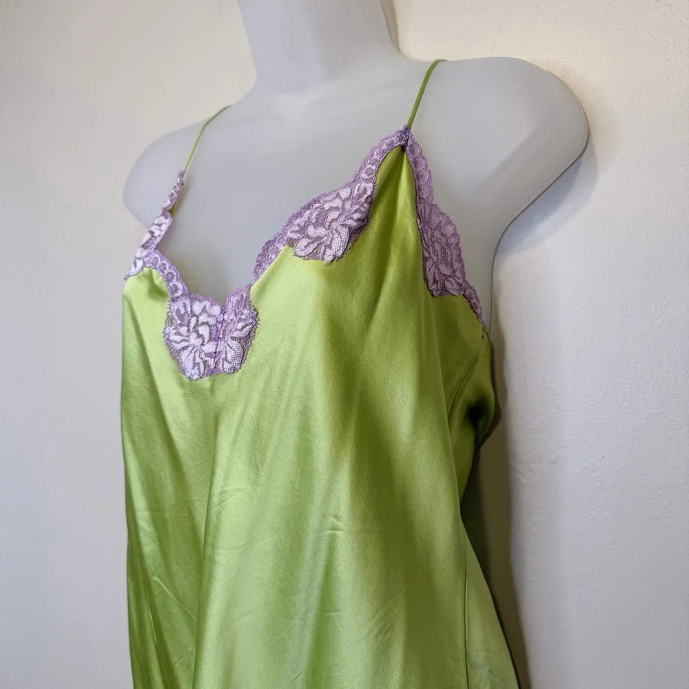 Lindsey Luxe Y2K Elegant Satin Green Lilac Lace Chemise Cami Tank Top Camisole - Picture 8 of 15